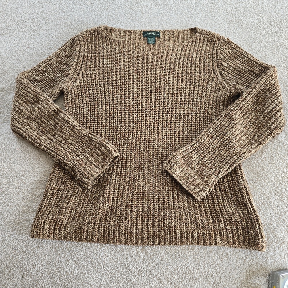 Lauren Ralph Lauren Open-stitch Knit Sweater Marled Brown Linen Blend Women's L
